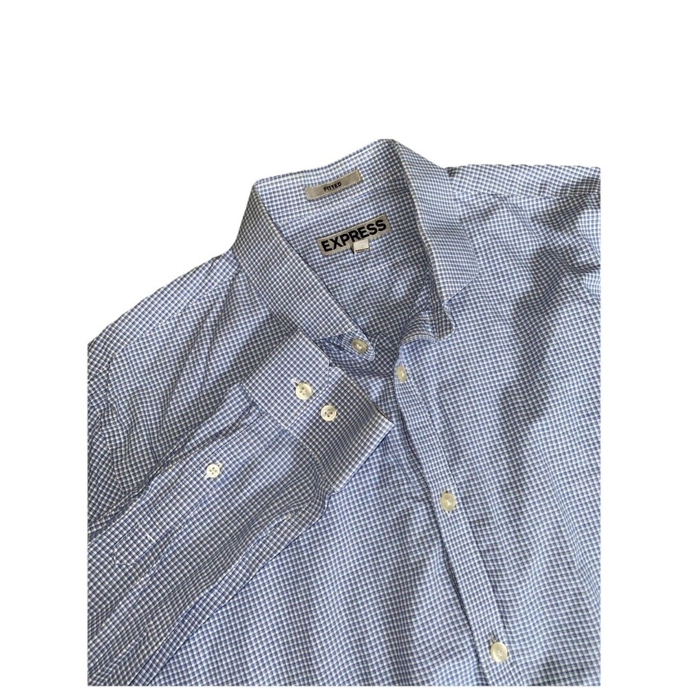 Express Button Up Shirt Mens Large 16-16.5 Blue Fitted Long Sleeve Plaid Cotton